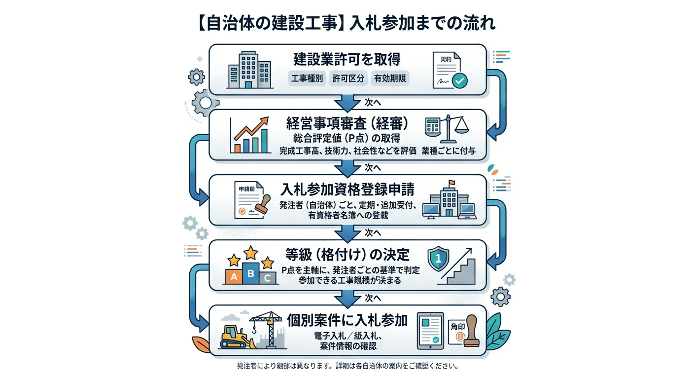 建設業許可から入札参加までの流れ（許可→経審→登録→等級→案件参加）