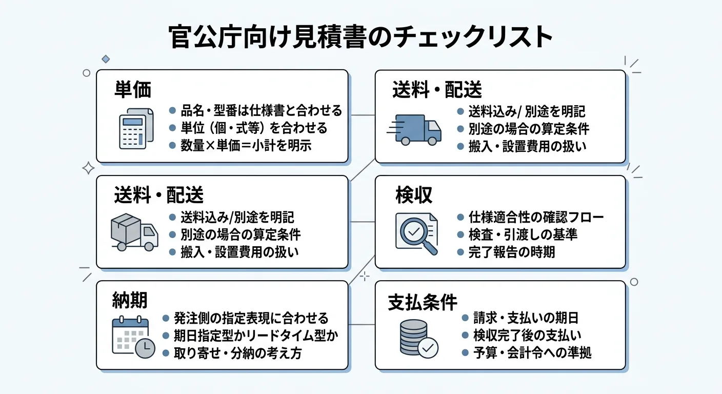 官公庁向け見積書で確認すべき5項目（単価・送料・納期・検収・支払条件）のチェックリスト図