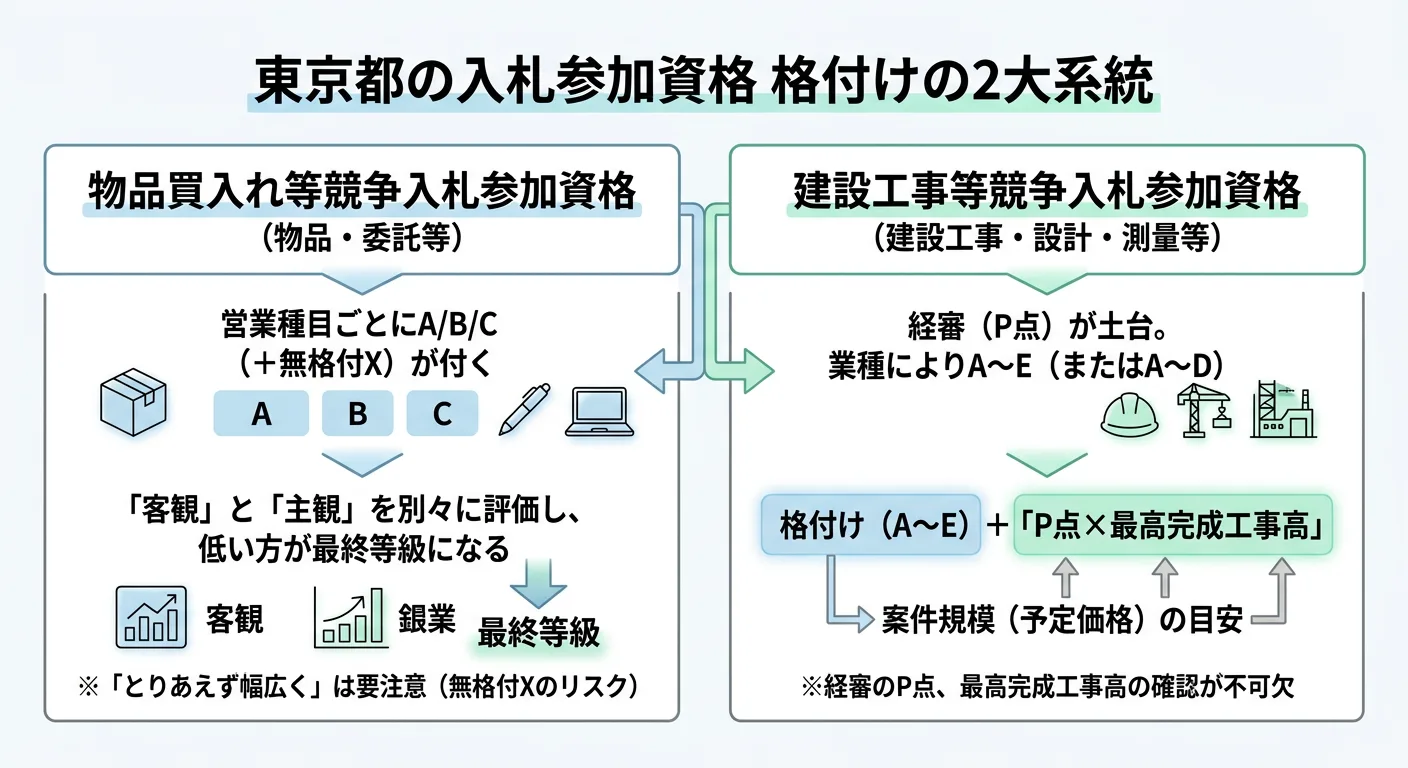 東京都の入札参加資格が物品・委託と建設工事で別系統であることを示す図