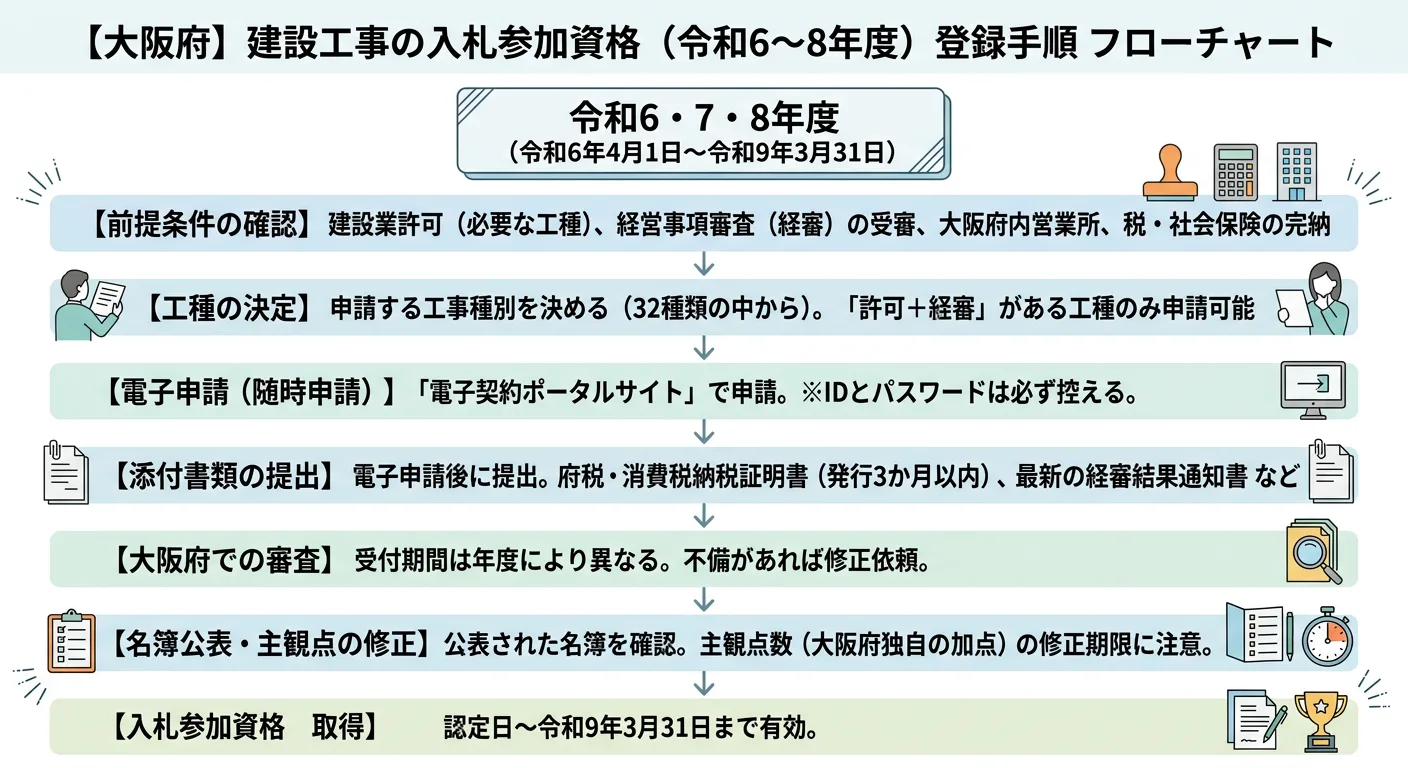 大阪府の建設工事入札参加資格の登録手順（要件確認〜名簿確認〜主観点修正期限）を示す図