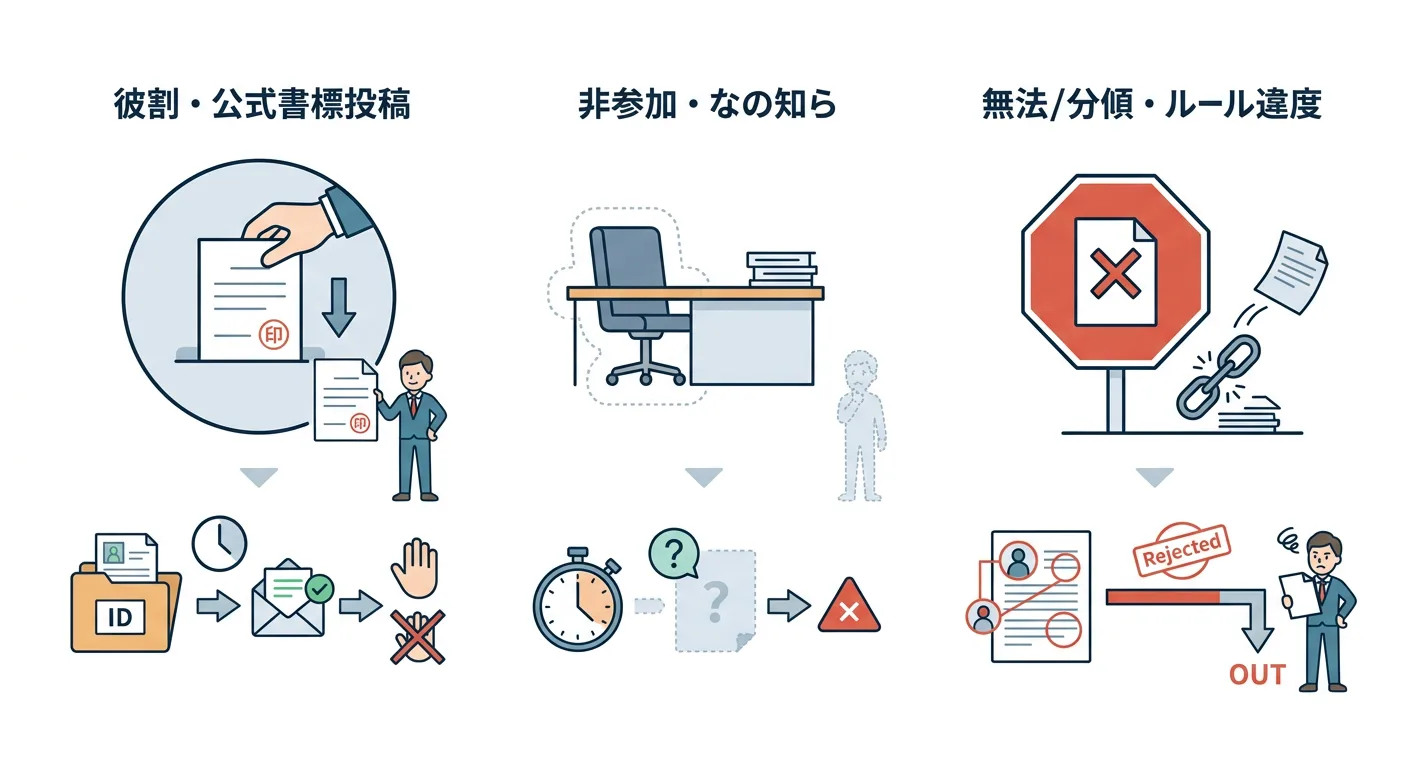 入札の「辞退」「不参加」「無効・失格」の違いを示す図