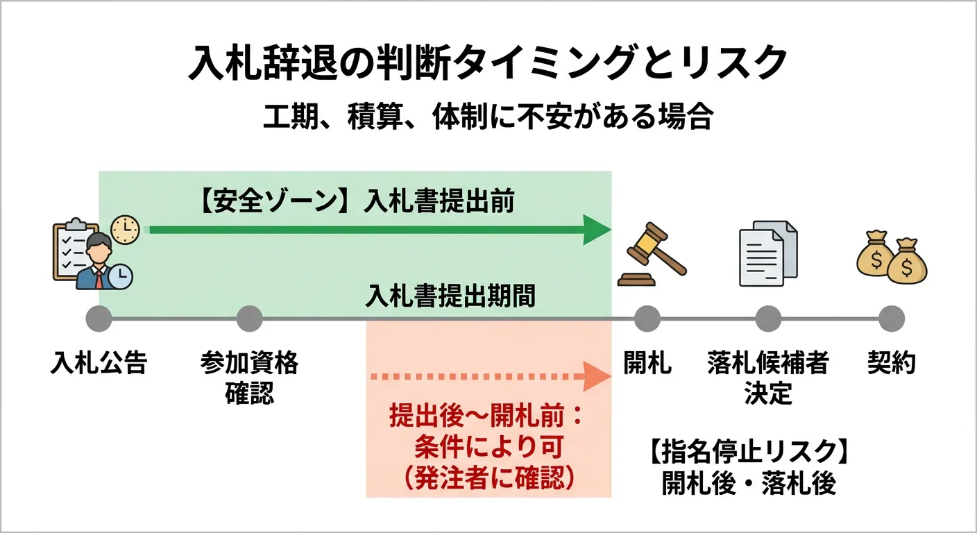 入札の流れと辞退できるタイミングを示すタイムライン図