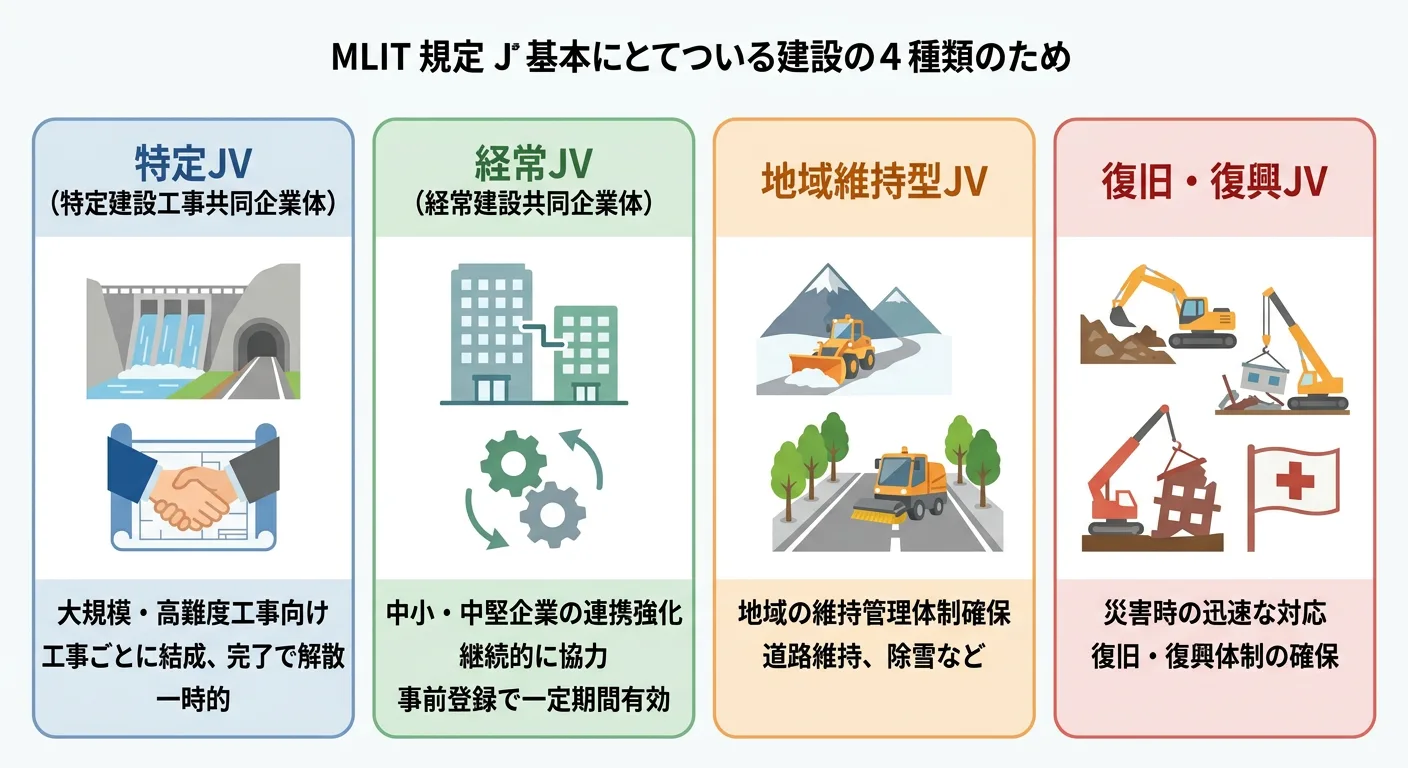 共同企業体（JV）の4類型（特定・経常・地域維持型・復旧復興）のイメージ図