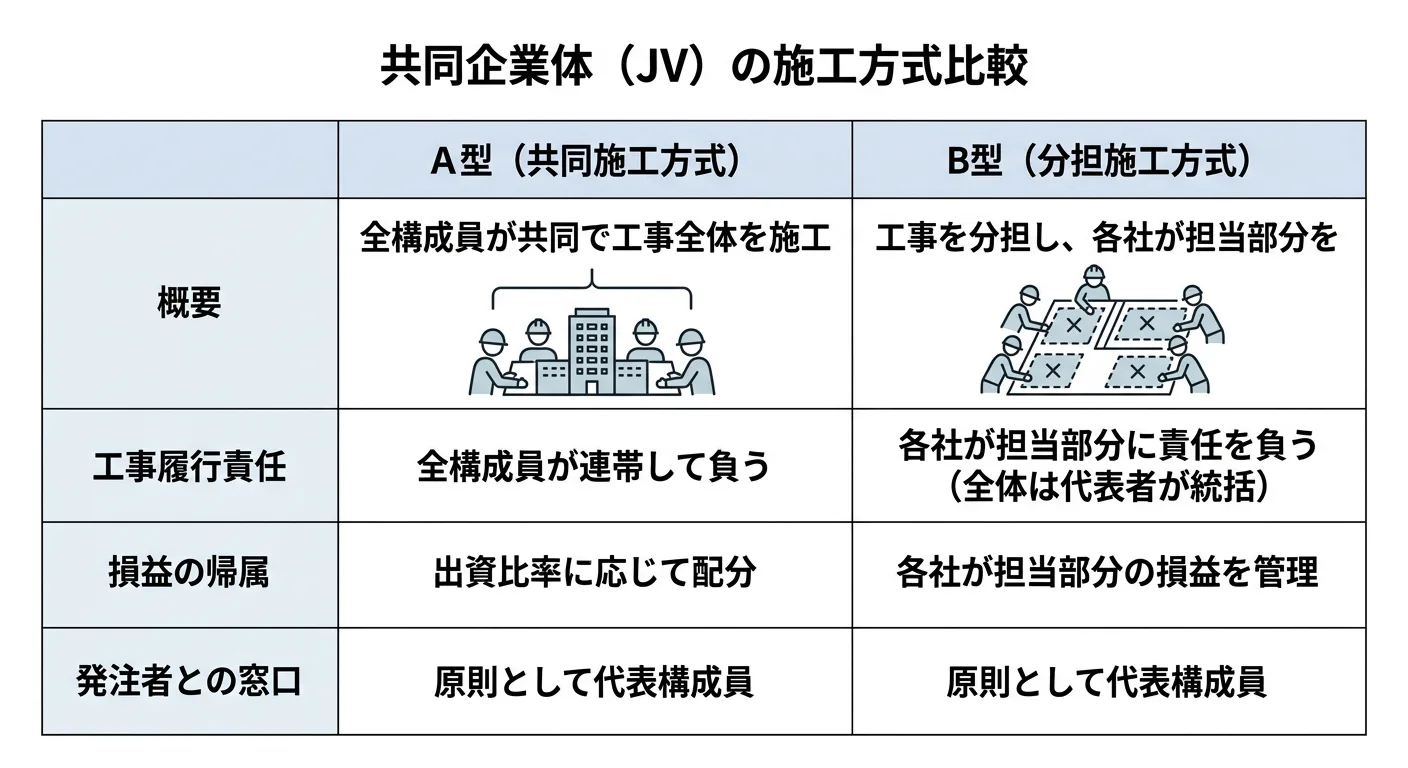 甲型JVと乙型JVの違い（施工方式・責任・損益）の比較図