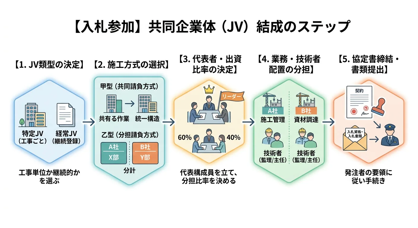JVの役割分担を決めて協定書・申請書類に落とす手順フロー