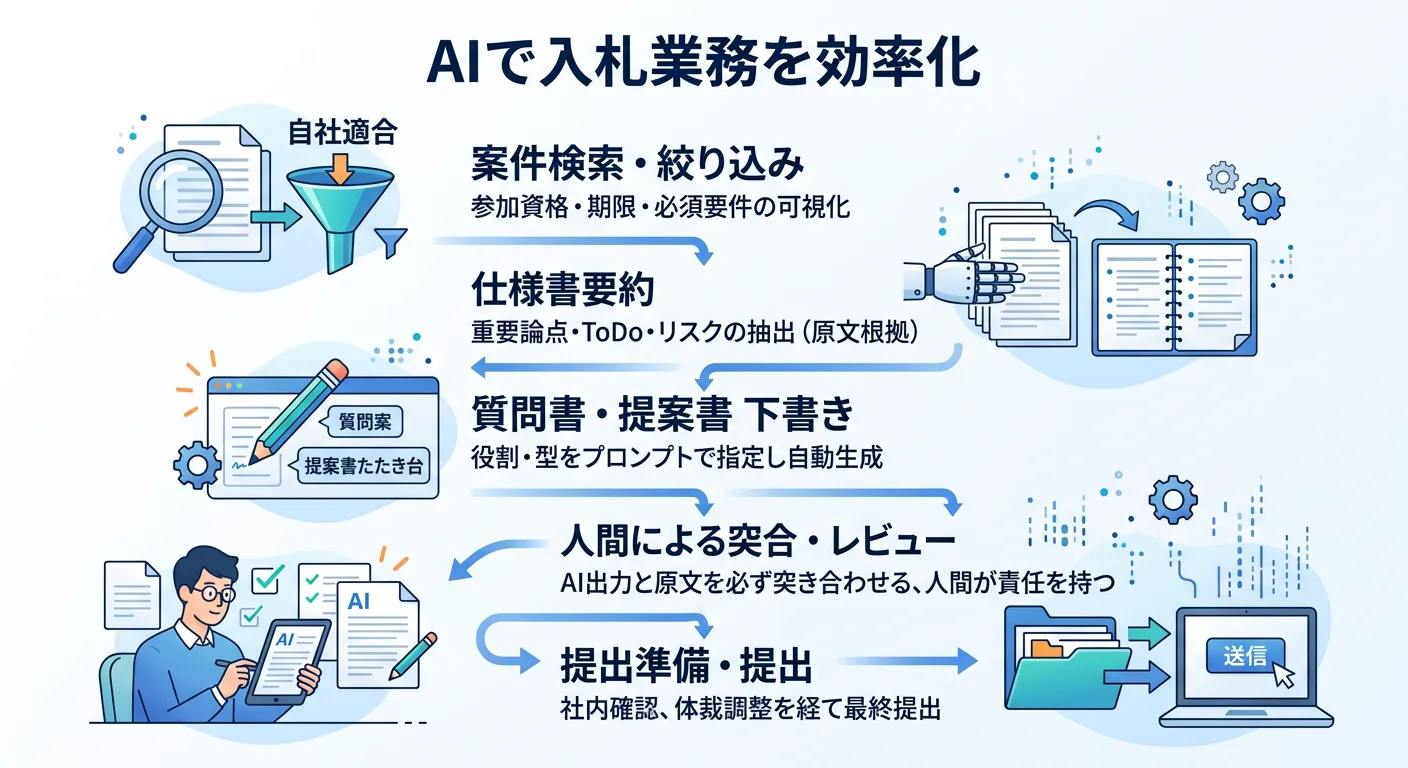 AIを使った入札業務フロー(検索から提出まで)の図