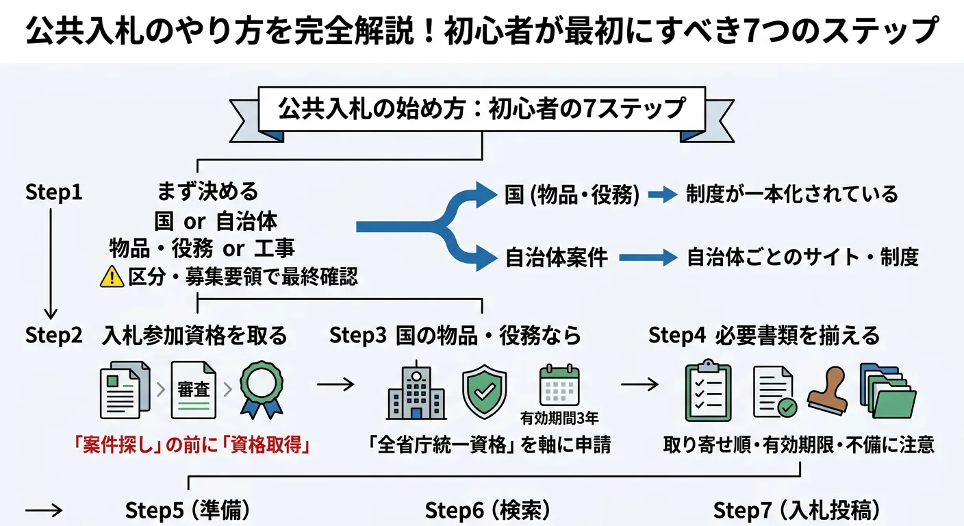 国・自治体と物品役務・工事の分岐を示すフローチャート