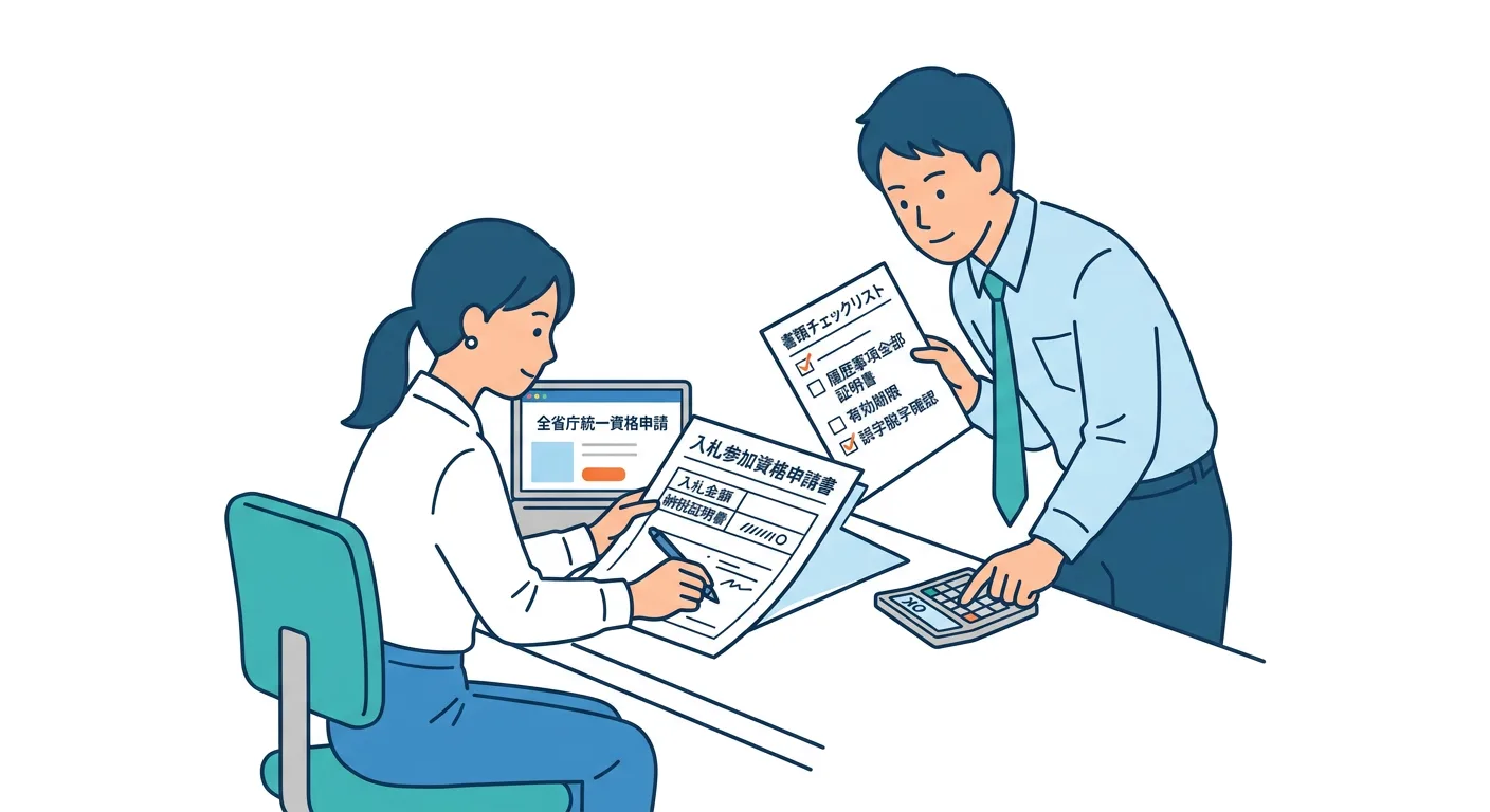 入札金額と提出書類をダブルチェックする様子