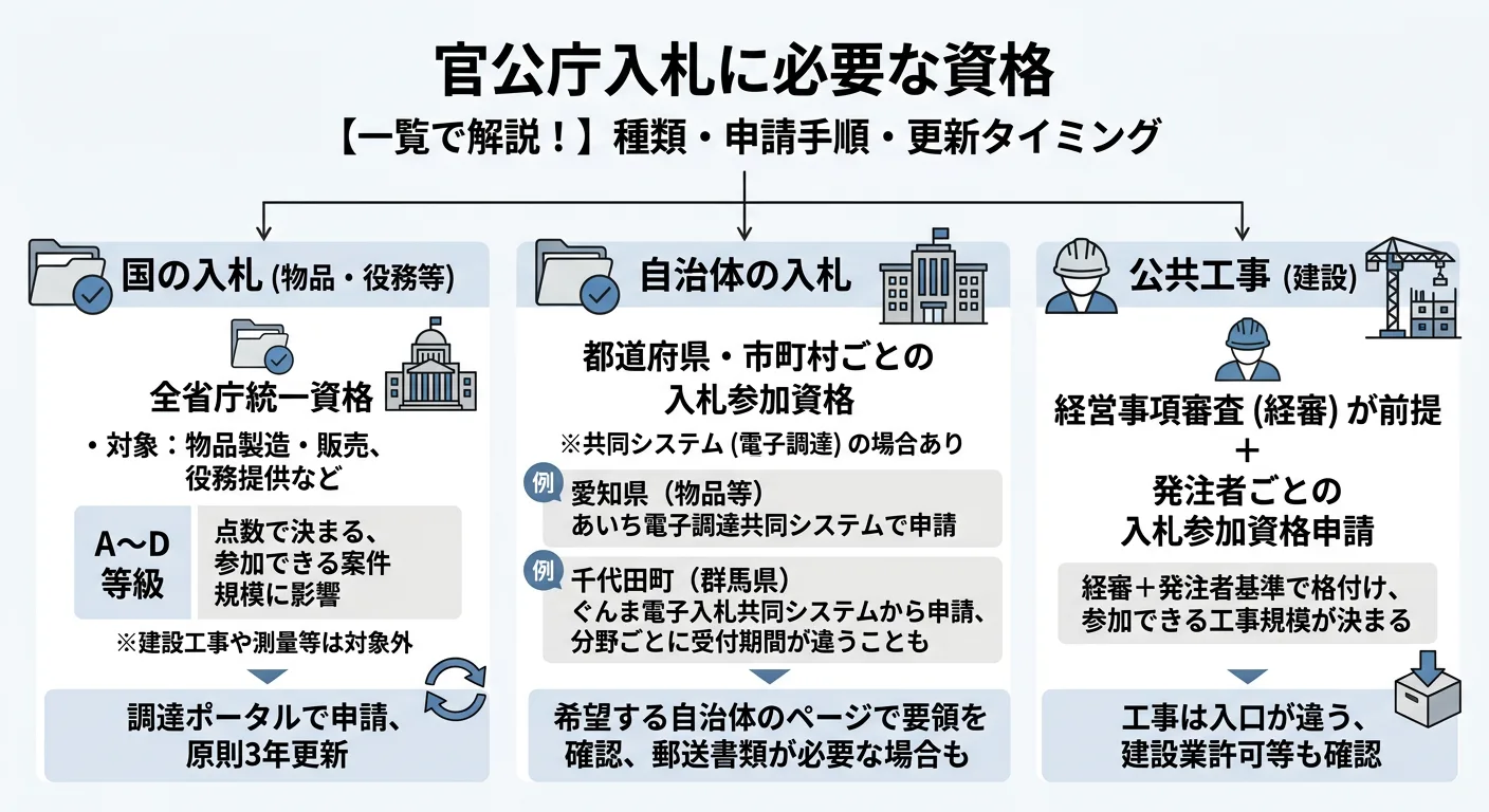 官公庁入札に必要な資格を「国・自治体・公共工事」の3系統で整理した図