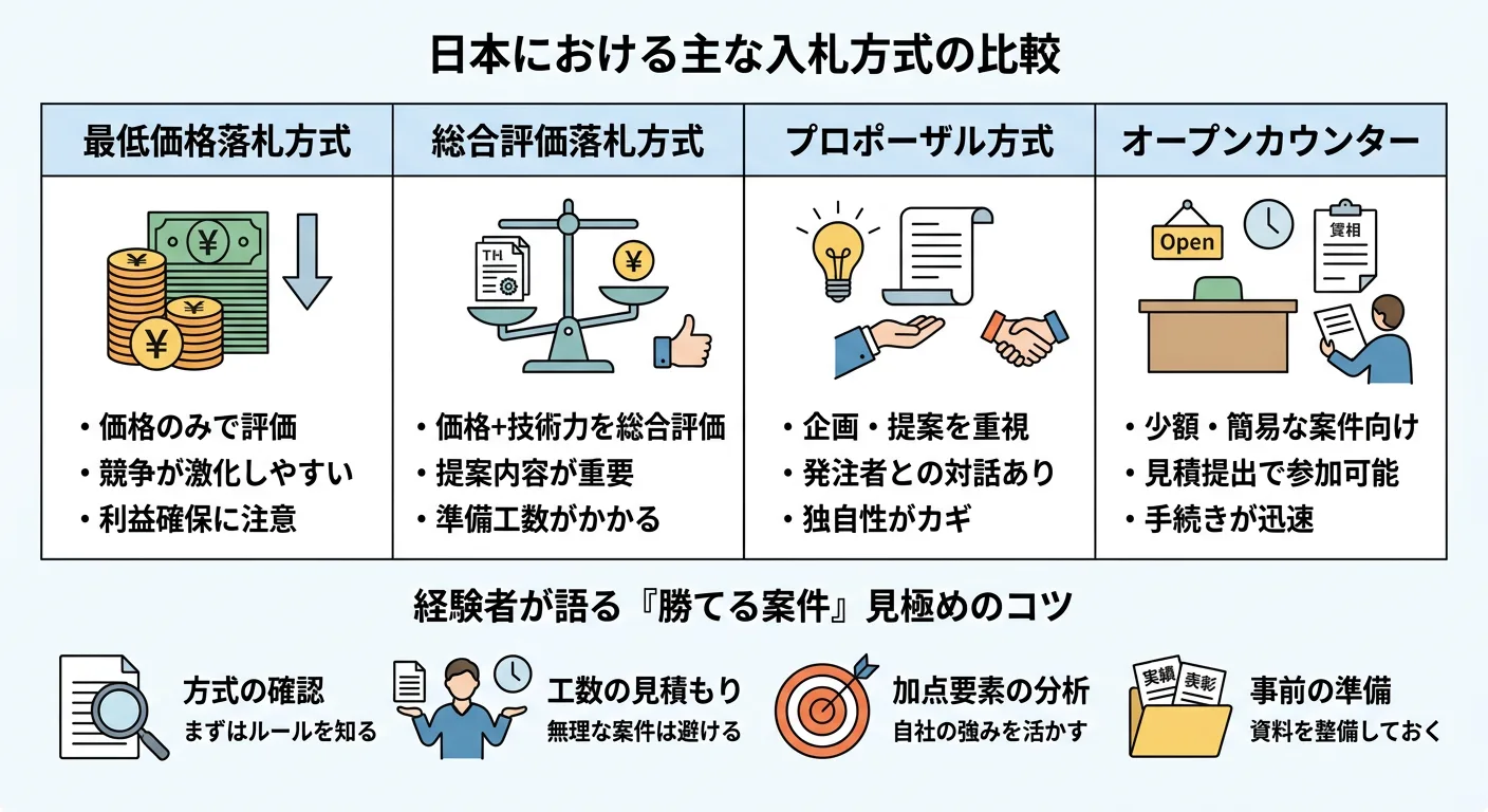 入札方式（最低価格・総合評価・プロポーザル・オープンカウンター）の違いを示す図