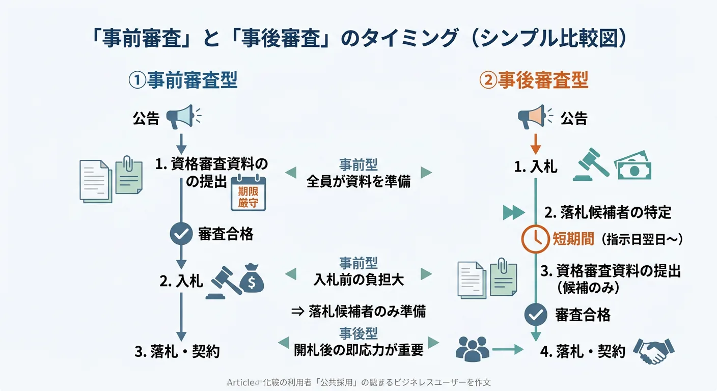 事前審査型と事後審査型の流れを示すフローチャート