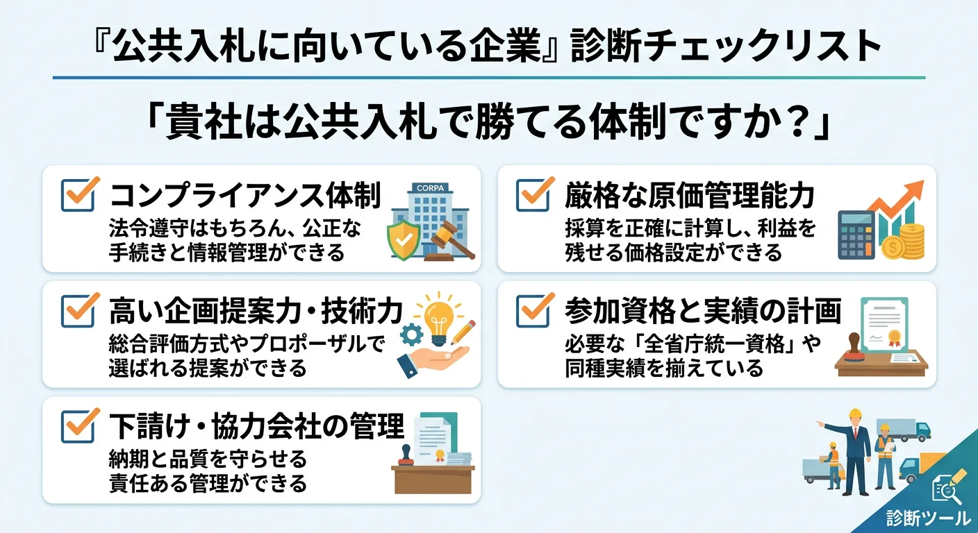 公共入札に向いている企業の特徴をまとめたチェックリスト図