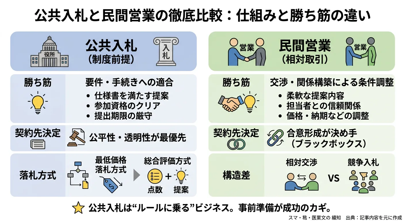 公共入札と民間営業の違いを比較した図