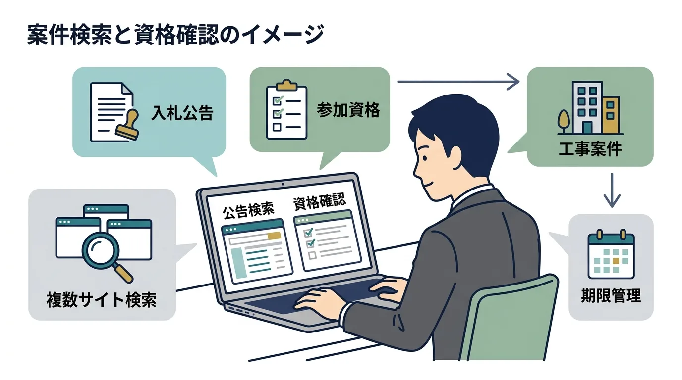 複数サイトで入札案件を探し参加資格を確認する担当者のイメージ