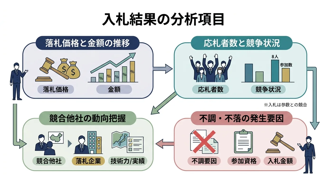 入札結果から競合状況や価格傾向を読み取るイメージ