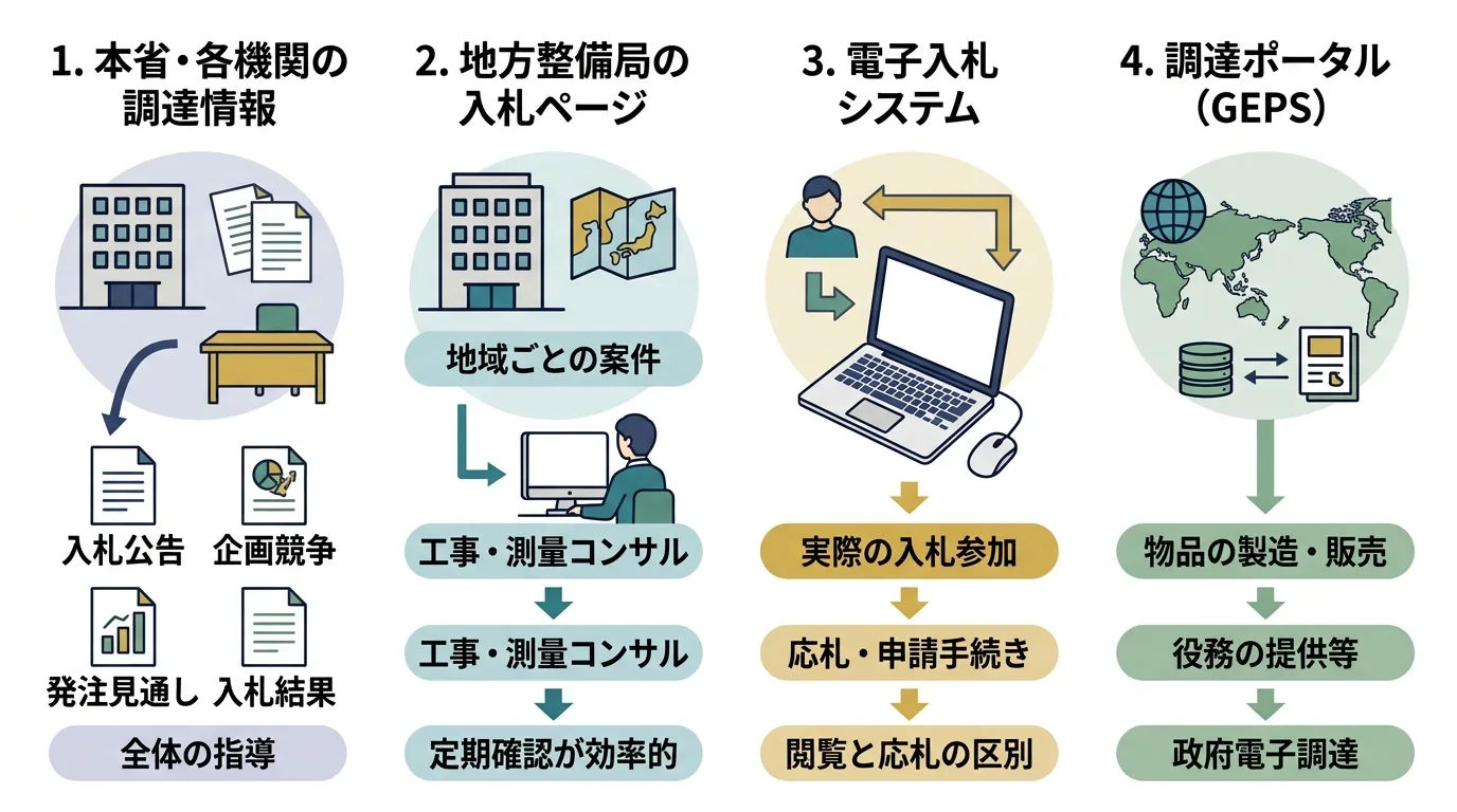 国土交通省の入札情報を探す4つの入口の整理図