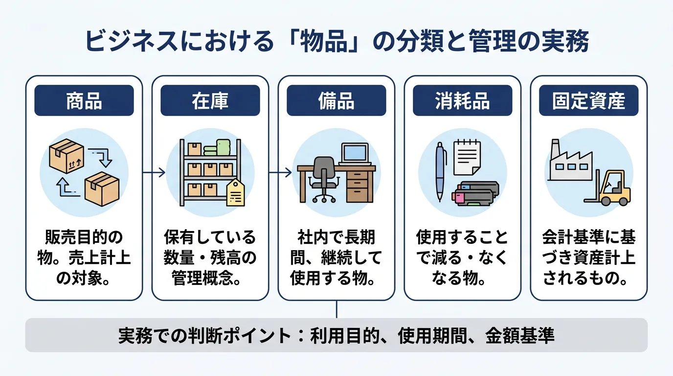 物品と商品・在庫・備品・消耗品・固定資産の違いを示す図