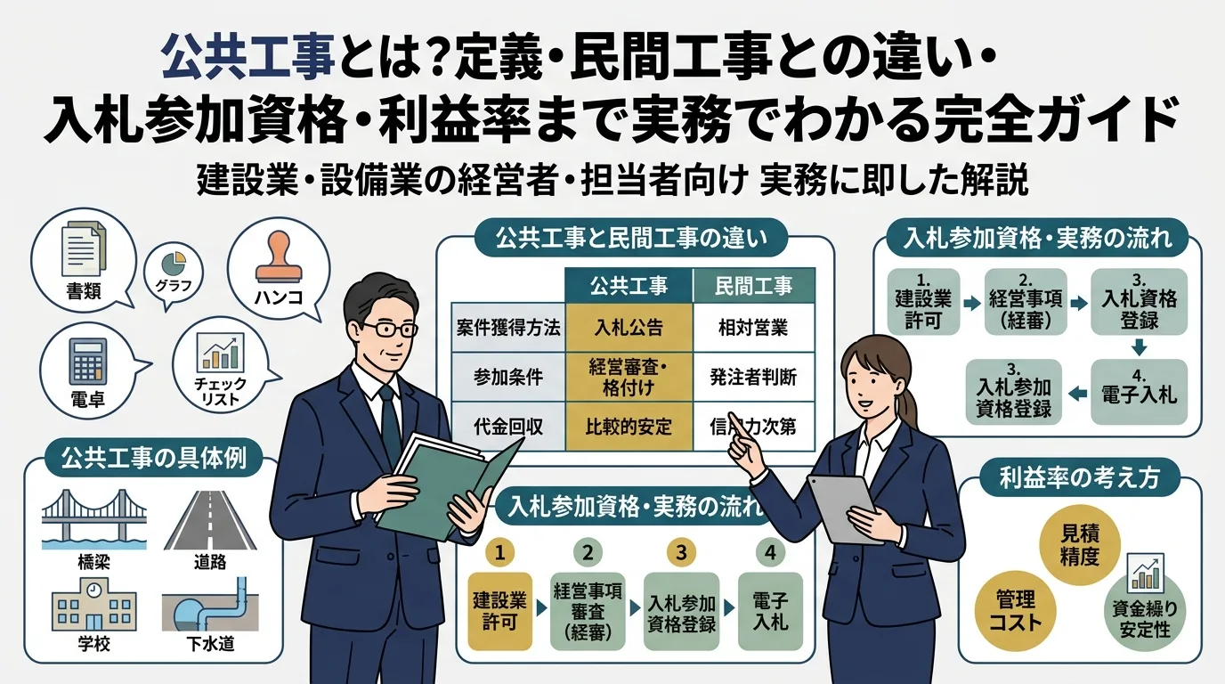 公共工事とは?定義・民間工事との違い・入札参加資格・利益率まで実務でわかる完全ガイド