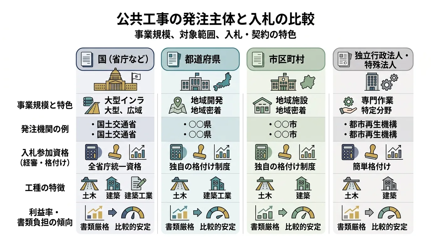 発注者別の公共工事の違いを示す比較イメージ