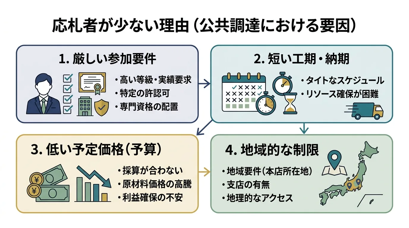 応札者が少ない案件で起きやすい要因を整理した図