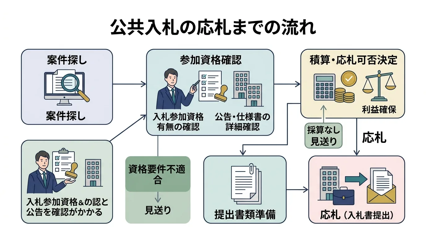 公共入札で応札するまでの流れを示した図