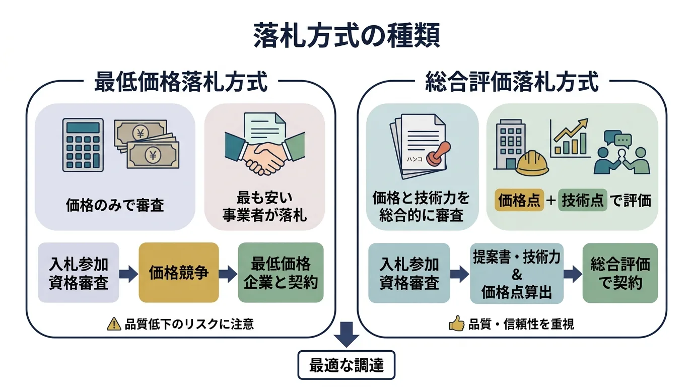 最低価格落札方式と総合評価落札方式の違いを示す図