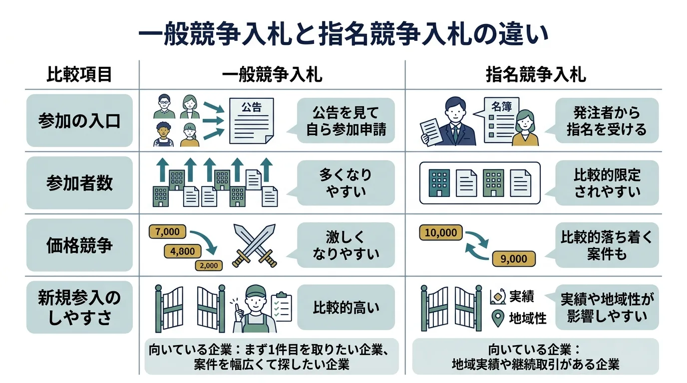 一般競争入札と指名競争入札の違いを比較した図